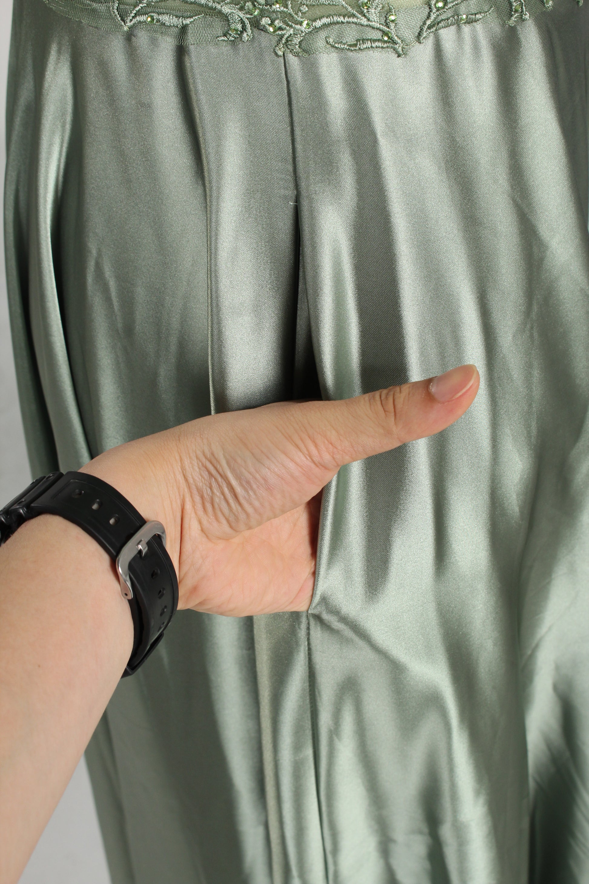 Wholesale Sage Green Lace Prom Dress with Satin Skirt and Slit 32896