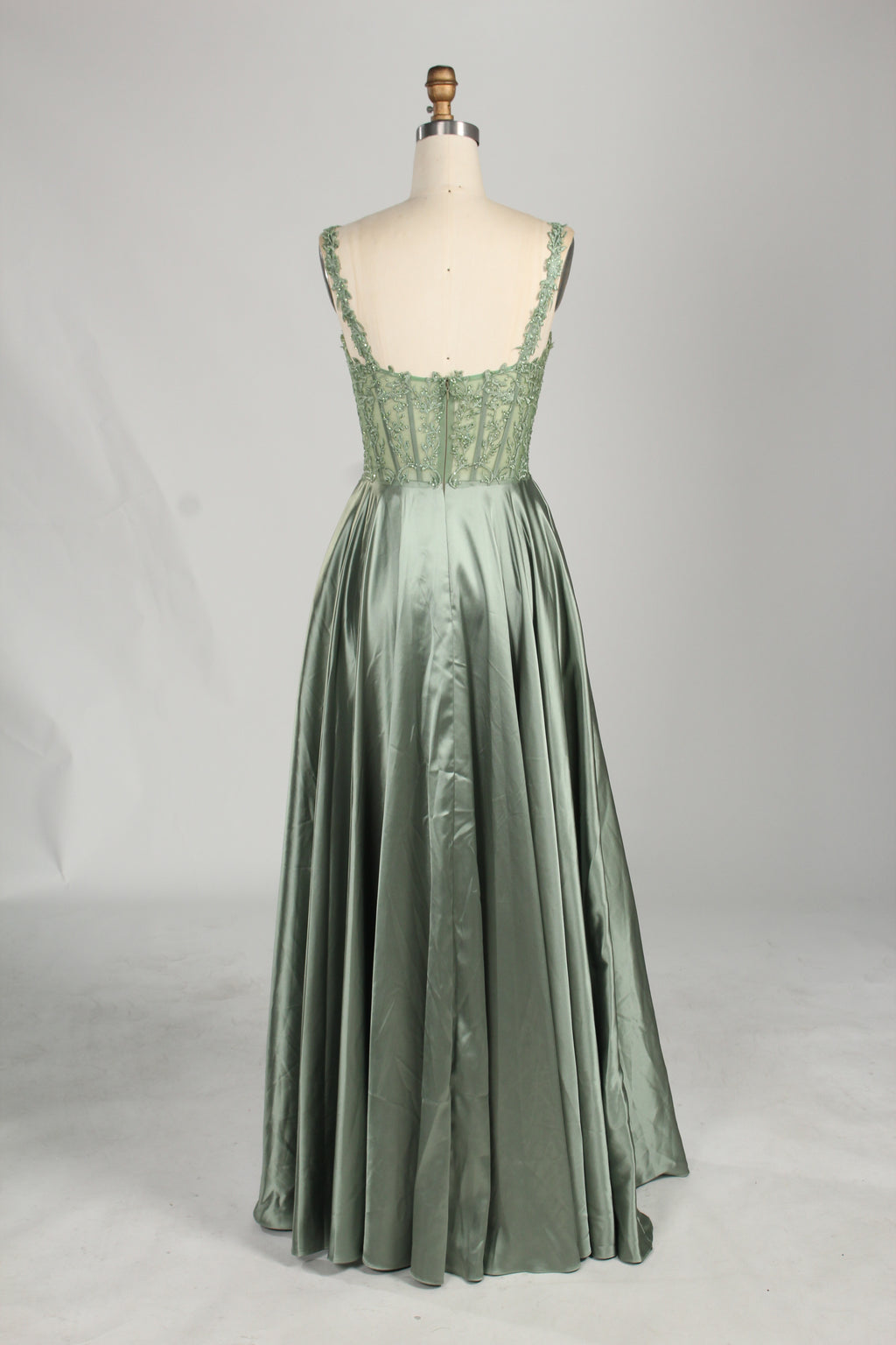 Wholesale Sage Green Lace Prom Dress with Satin Skirt and Slit 32896