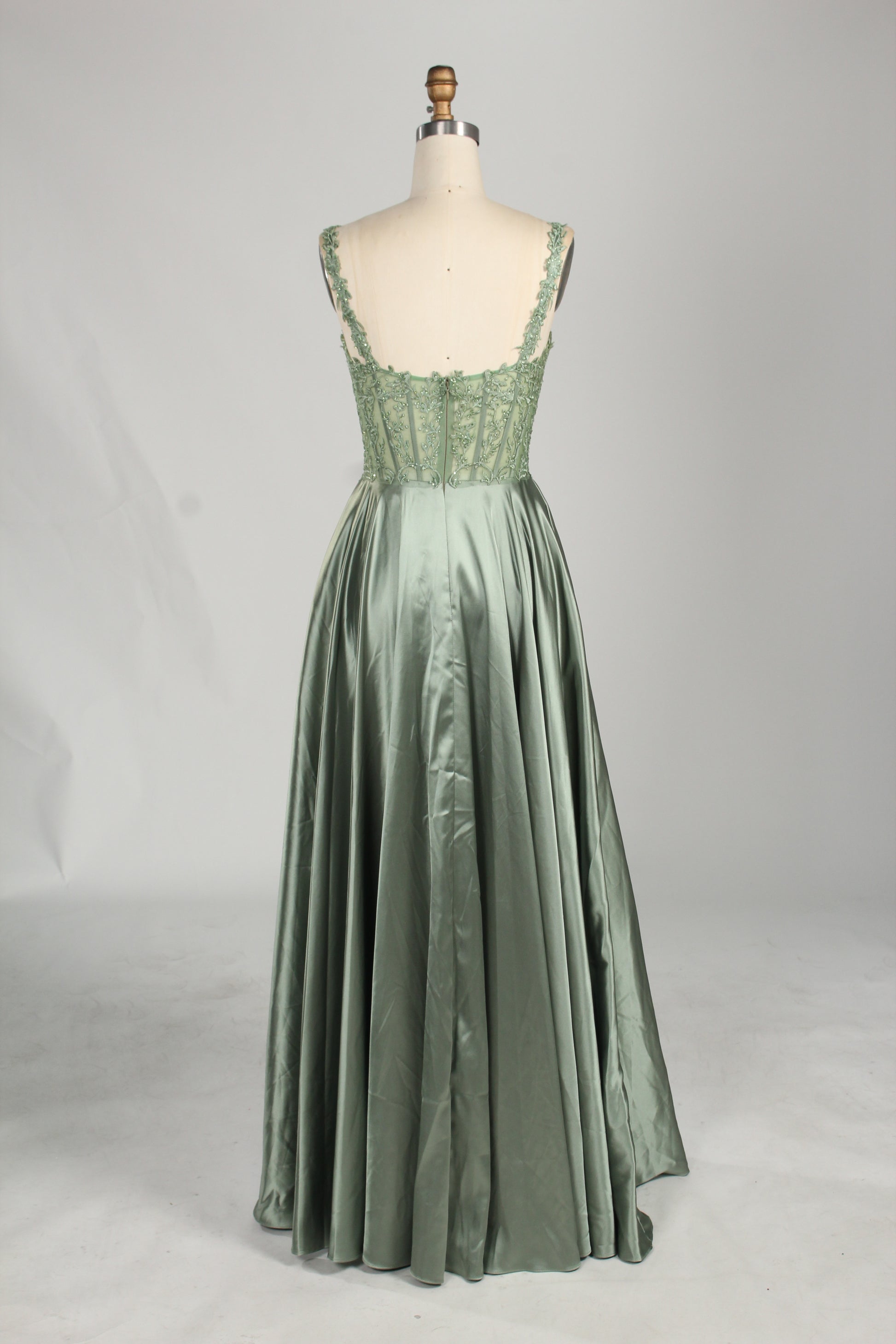 Wholesale Sage Green Lace Prom Dress with Satin Skirt and Slit 32896