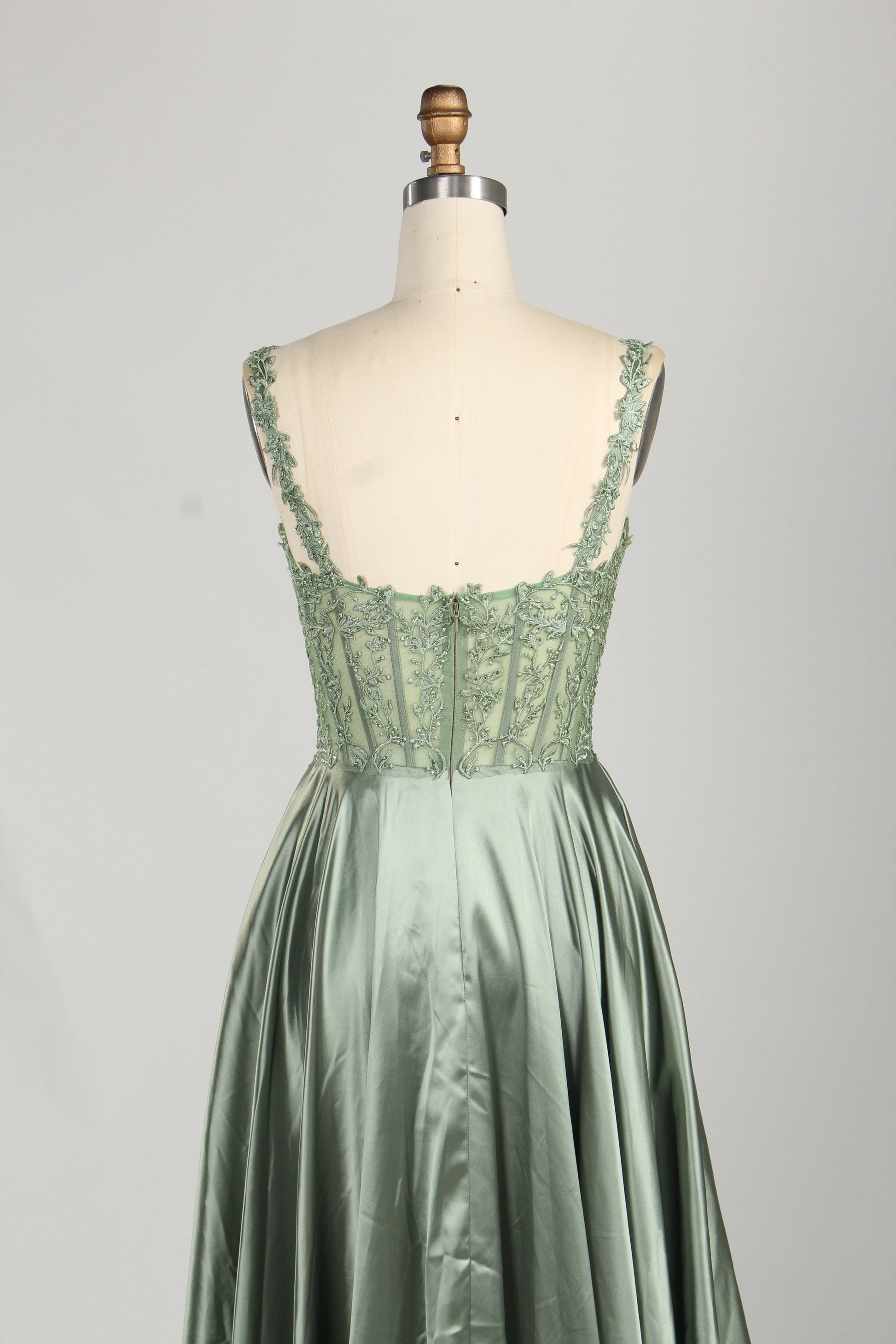 Wholesale Sage Green Lace Prom Dress with Satin Skirt and Slit 32896