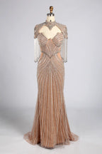 Luxurious Beaded Champagne Nude High-Neck Mother of the Bride Mermaid Gown MC179