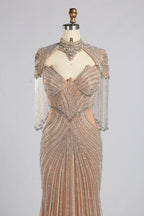 Luxurious Beaded Champagne Nude High-Neck Mother of the Bride Mermaid Gown MC179