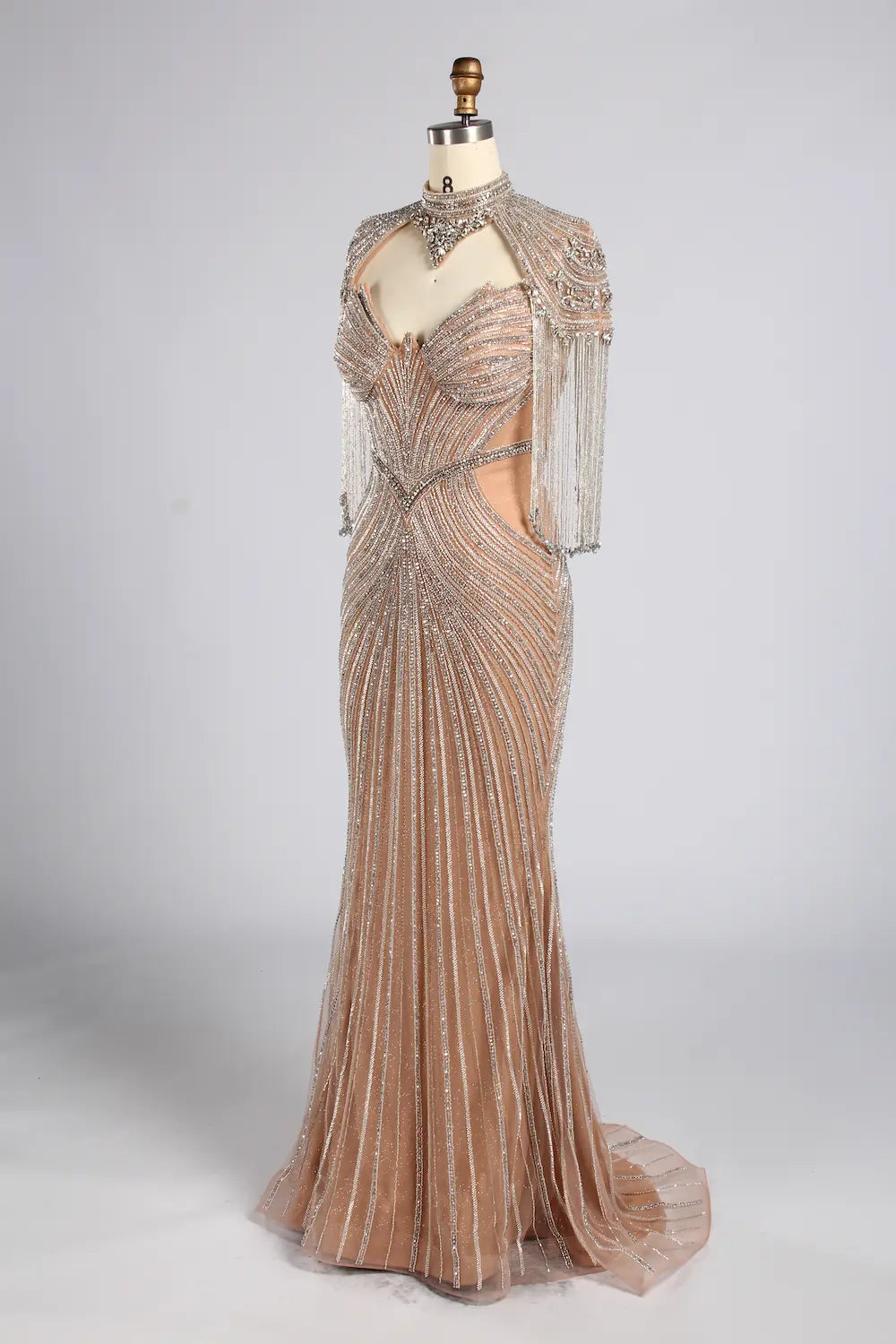 Luxurious Beaded Champagne Nude High-Neck Mother of the Bride Mermaid Gown MC179