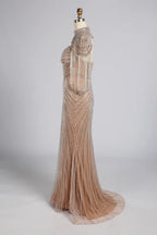 Luxurious Beaded Champagne Nude High-Neck Mother of the Bride Mermaid Gown MC179