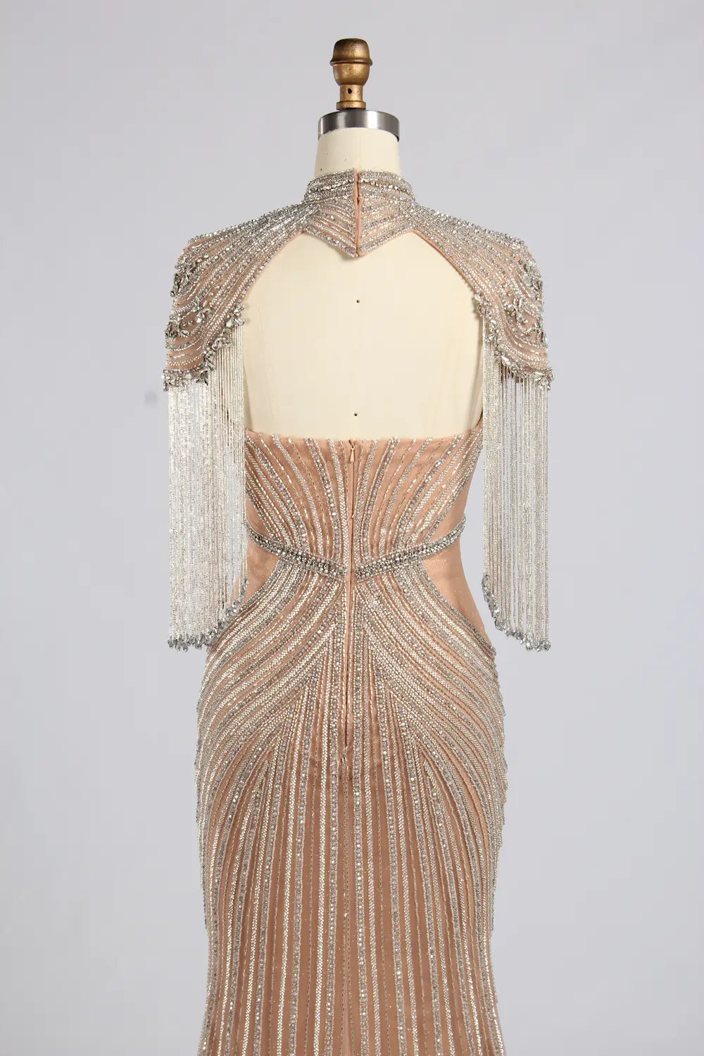 Luxurious Beaded Champagne Nude High-Neck Mother of the Bride Mermaid Gown MC179