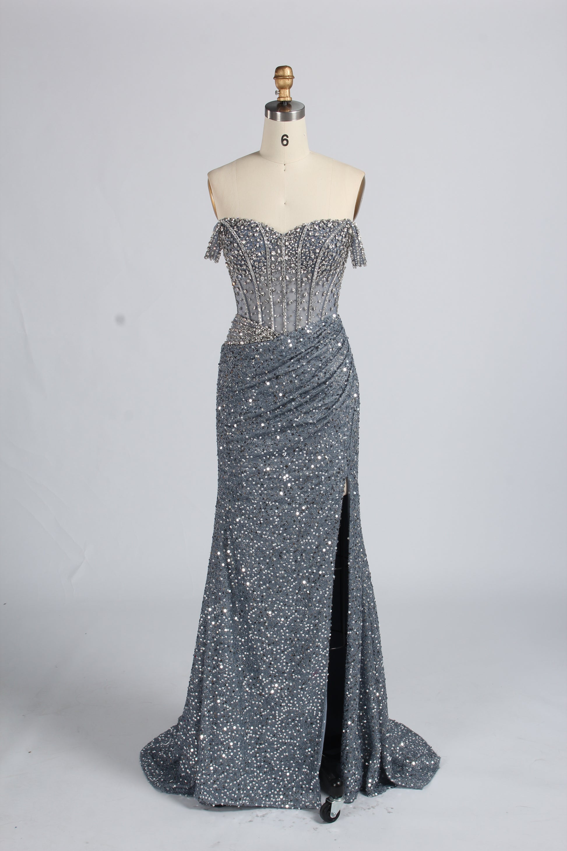 Wholesale Silver Sequin Off - Shoulder Evening Gown with Crystal Bodice 33322