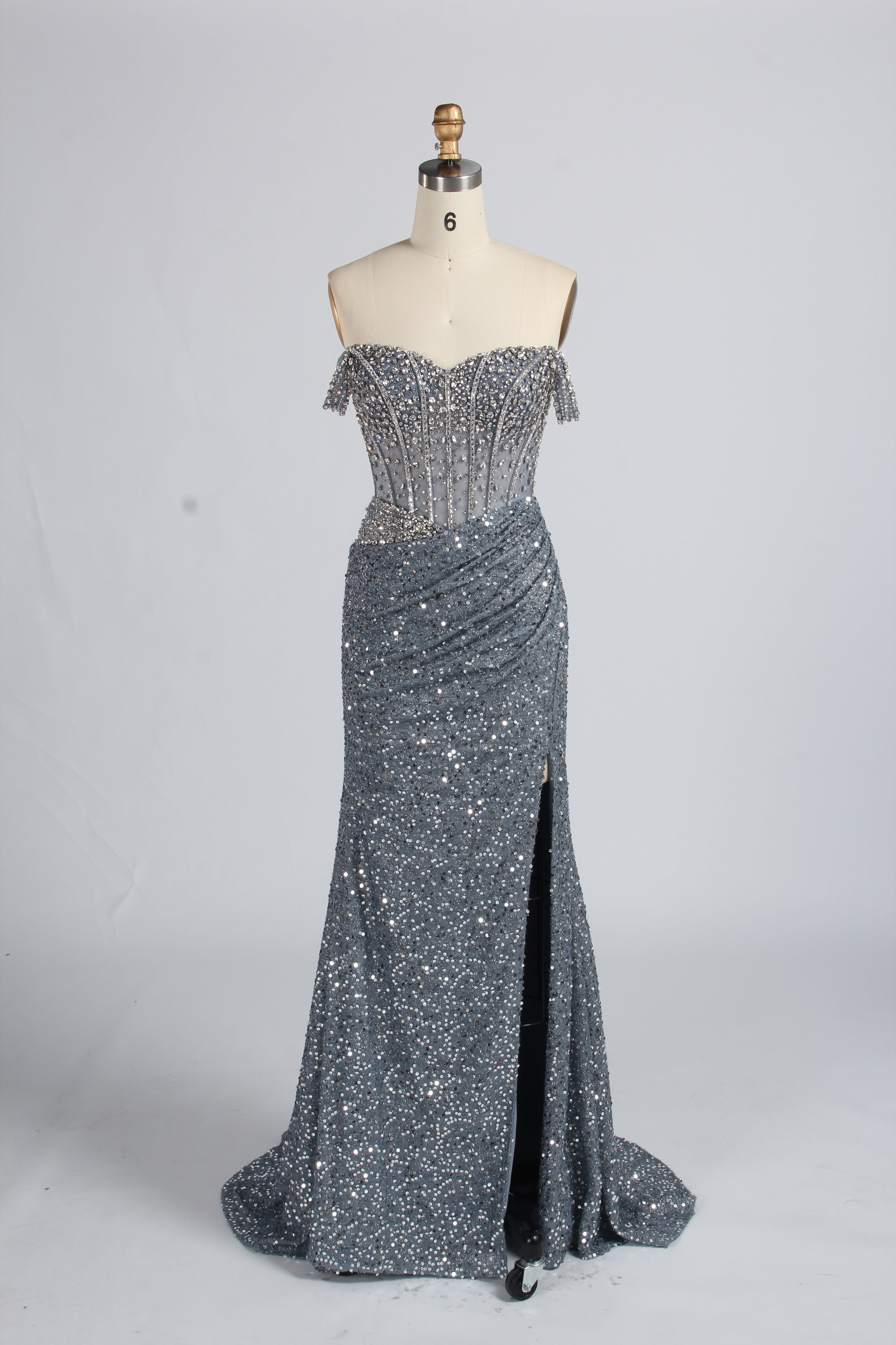 Wholesale Silver Sequin Off - Shoulder Evening Gown with Crystal Bodice 33322
