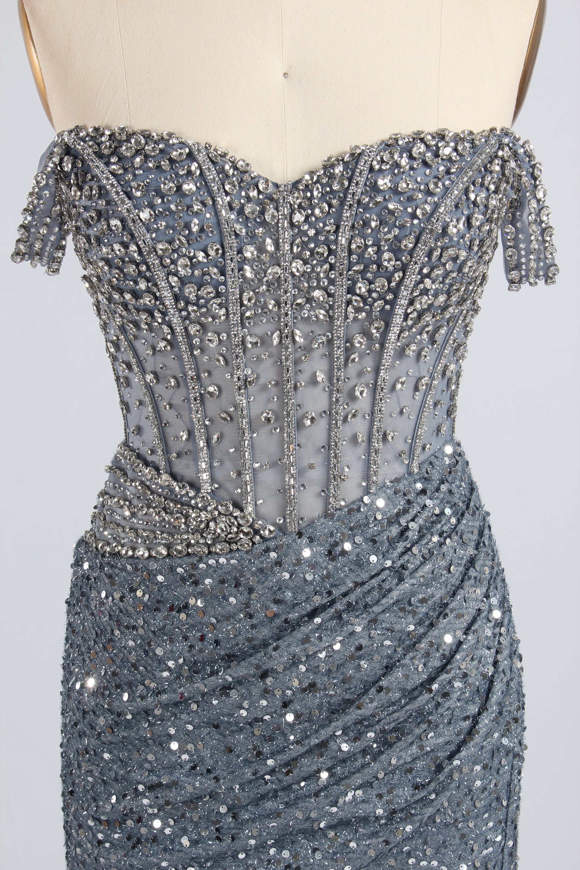 Wholesale Silver Sequin Off - Shoulder Evening Gown with Crystal Bodice 33322