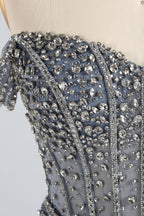 Wholesale Silver Sequin Off - Shoulder Evening Gown with Crystal Bodice 33322