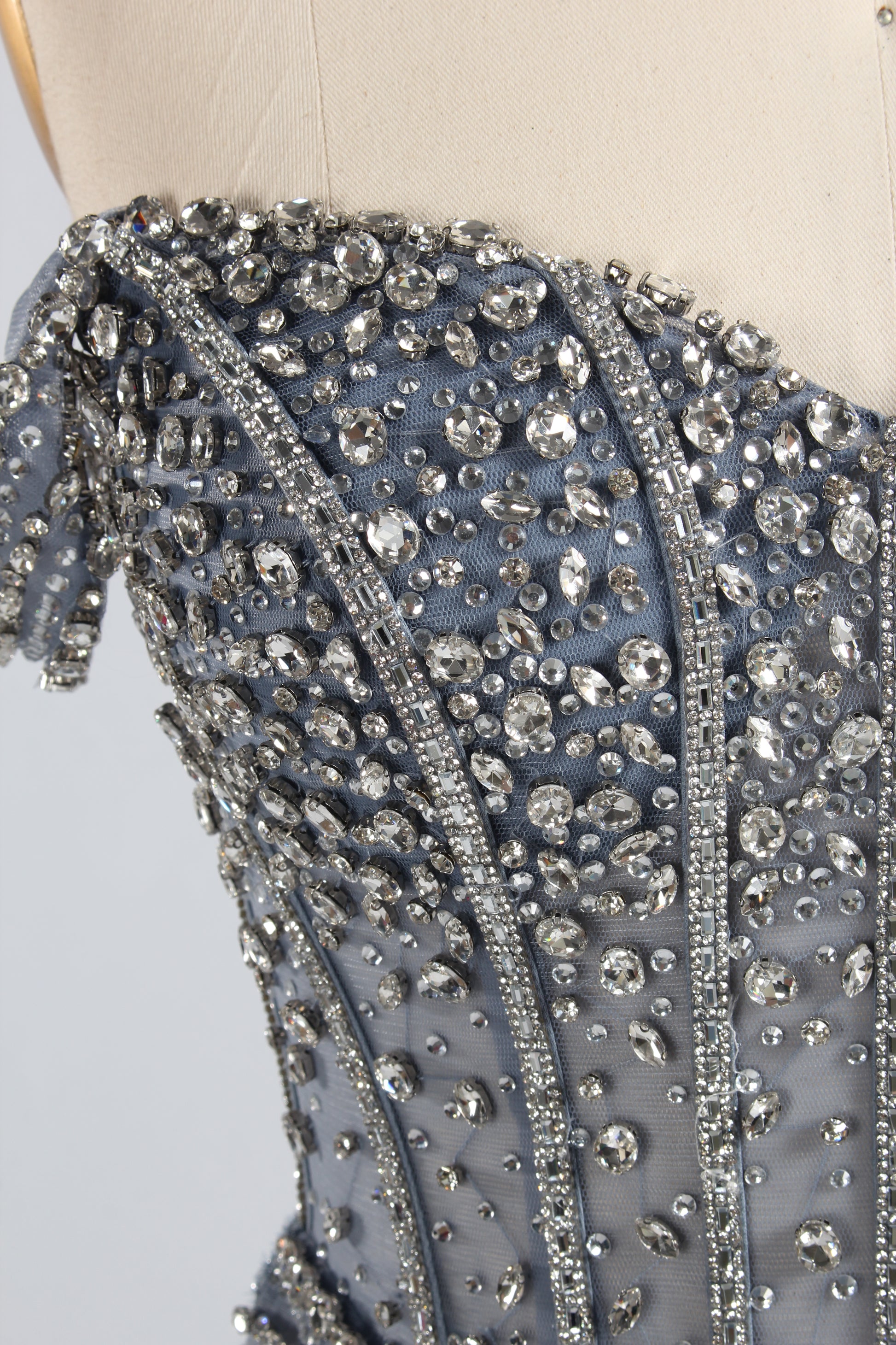 Wholesale Silver Sequin Off - Shoulder Evening Gown with Crystal Bodice 33322