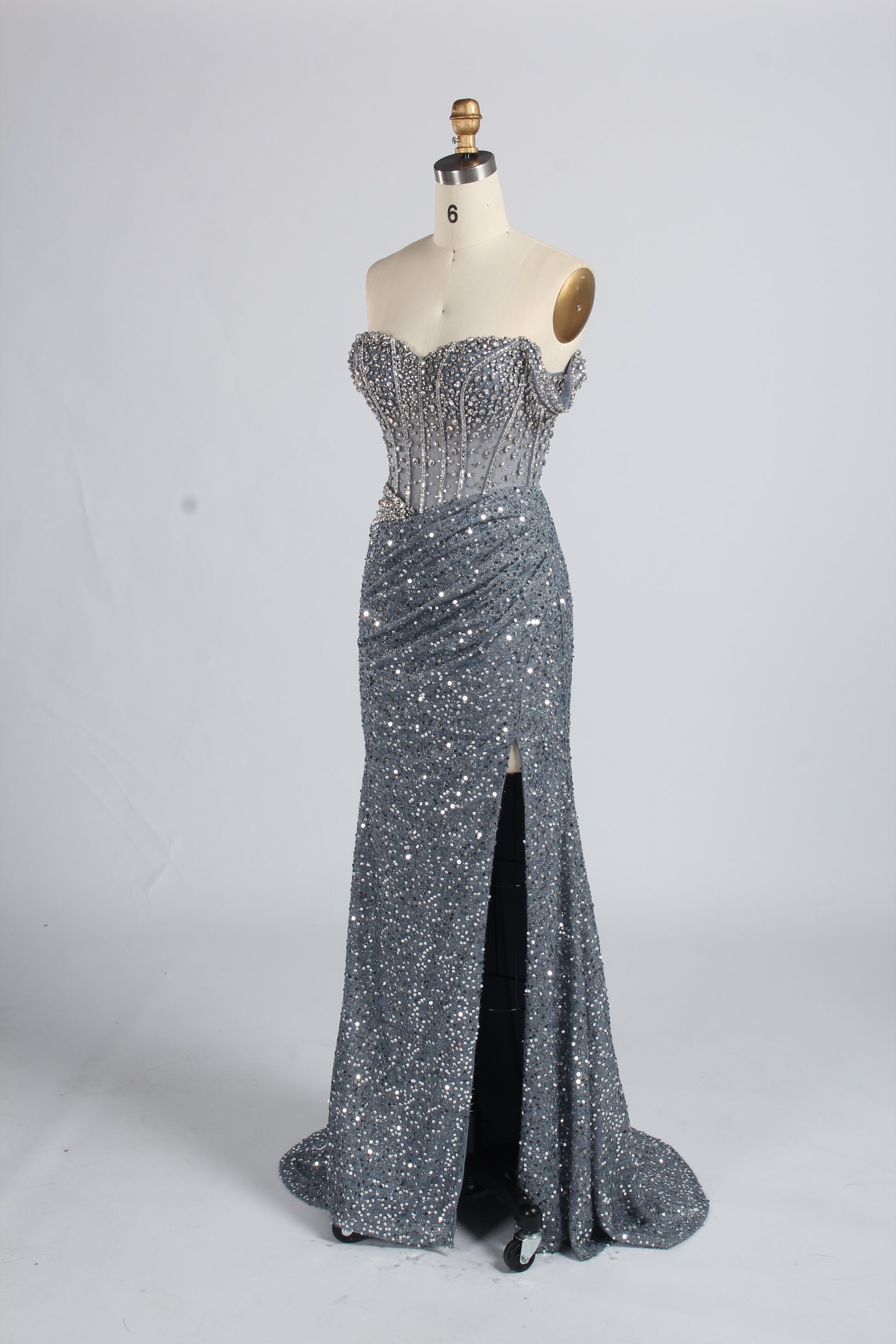 Wholesale Silver Sequin Off - Shoulder Evening Gown with Crystal Bodice 33322