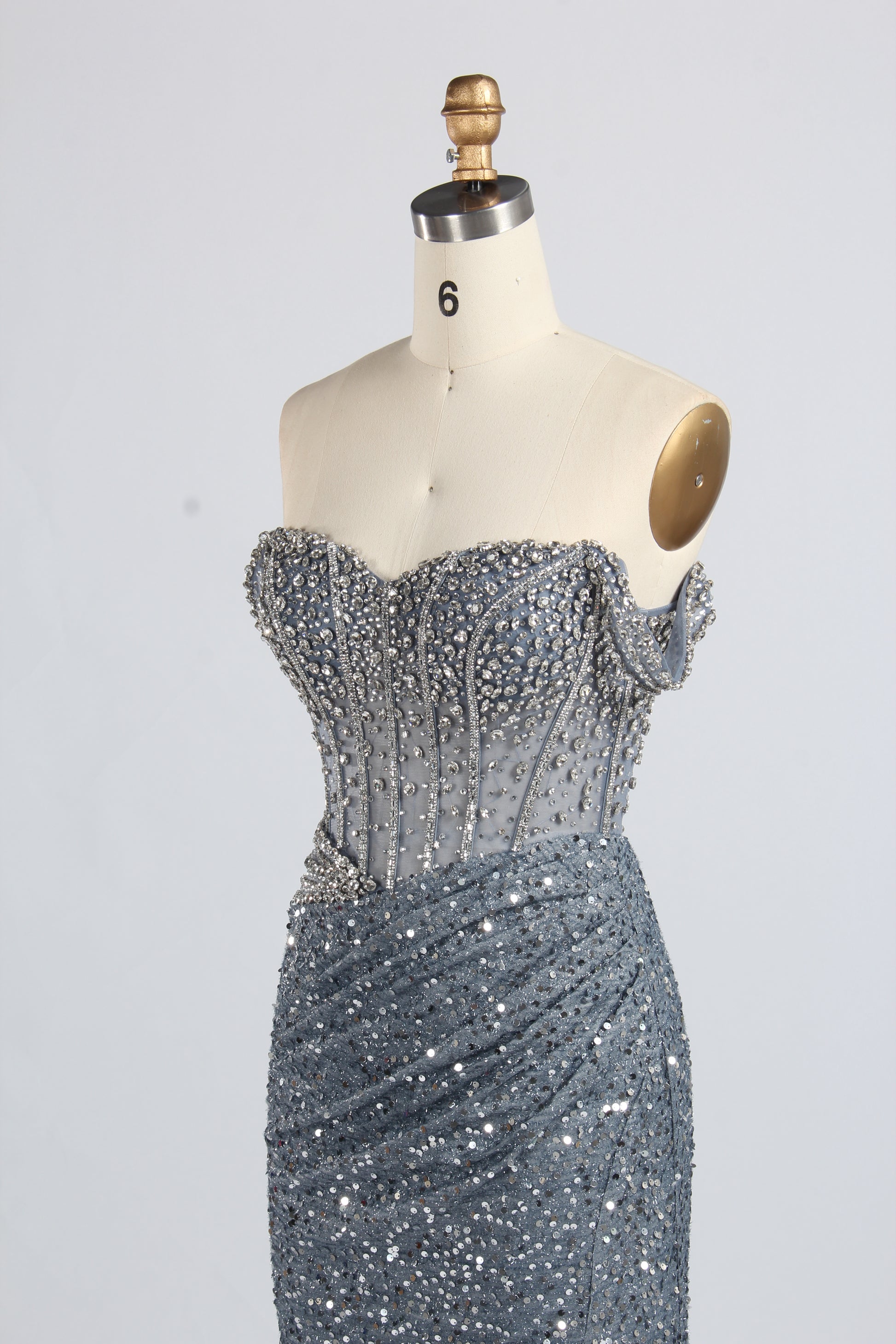 Wholesale Silver Sequin Off - Shoulder Evening Gown with Crystal Bodice 33322