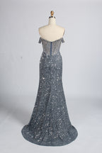 Wholesale Silver Sequin Off - Shoulder Evening Gown with Crystal Bodice 33322