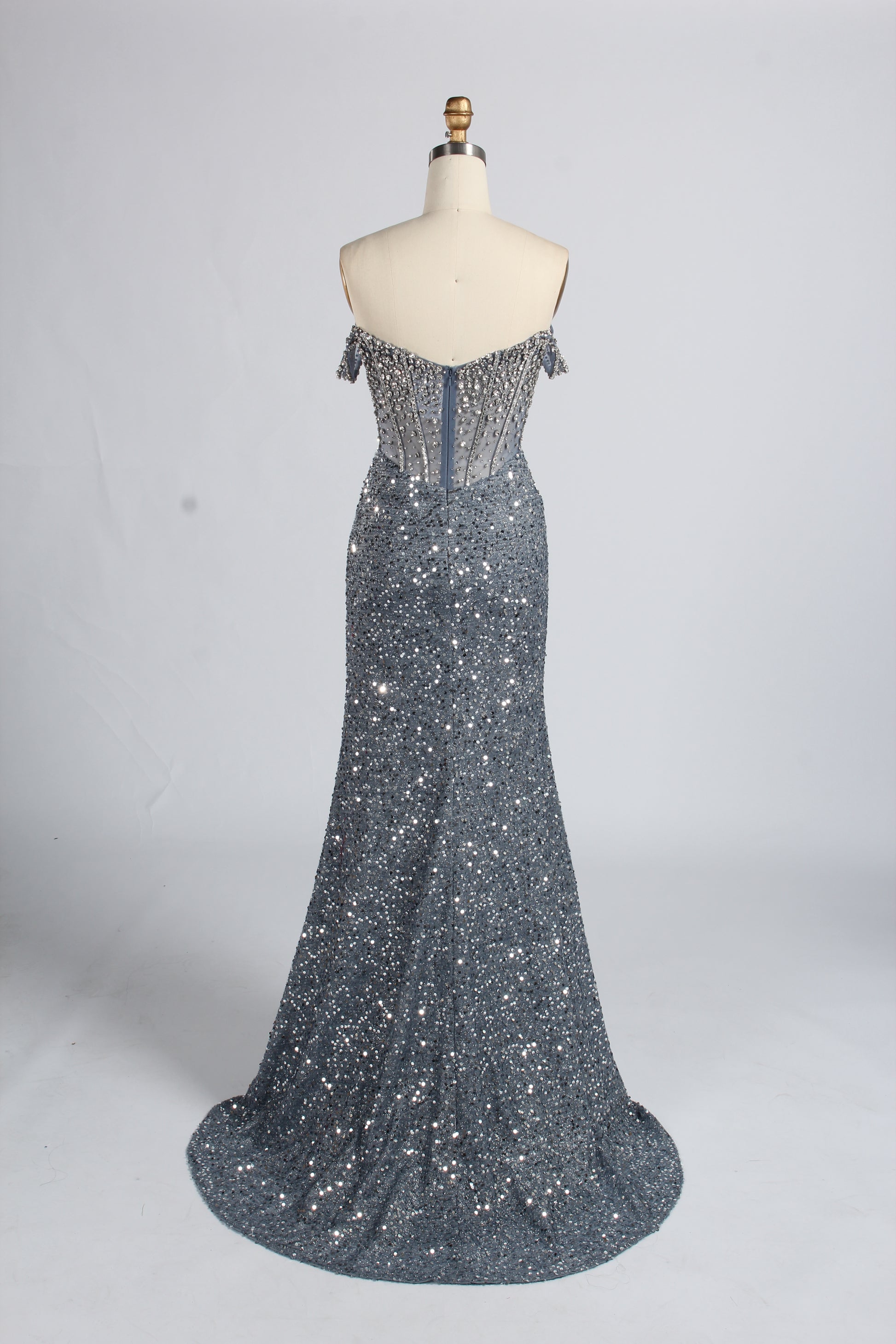 Wholesale Silver Sequin Off - Shoulder Evening Gown with Crystal Bodice 33322