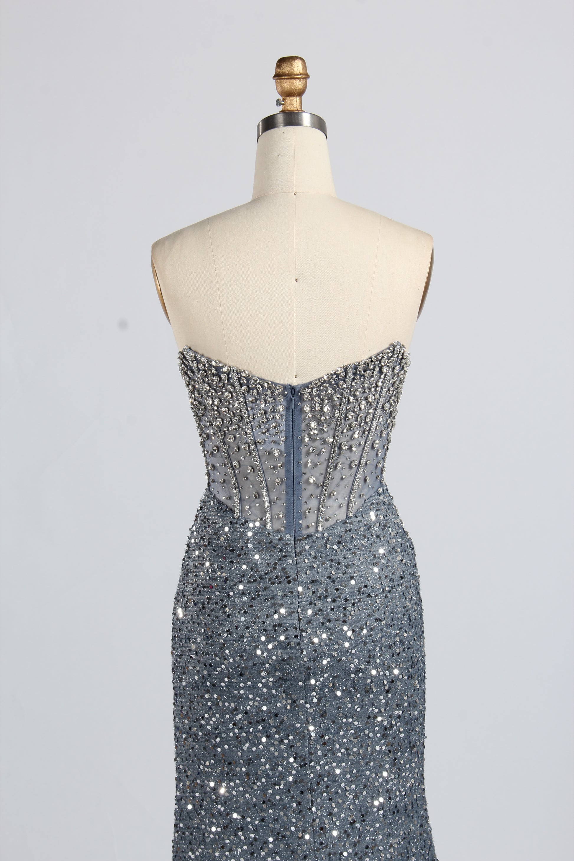 Wholesale Silver Sequin Off - Shoulder Evening Gown with Crystal Bodice 33322