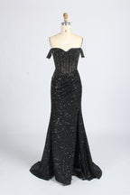 Wholesale Silver Sequin Off - Shoulder Evening Gown with Crystal Bodice 33322