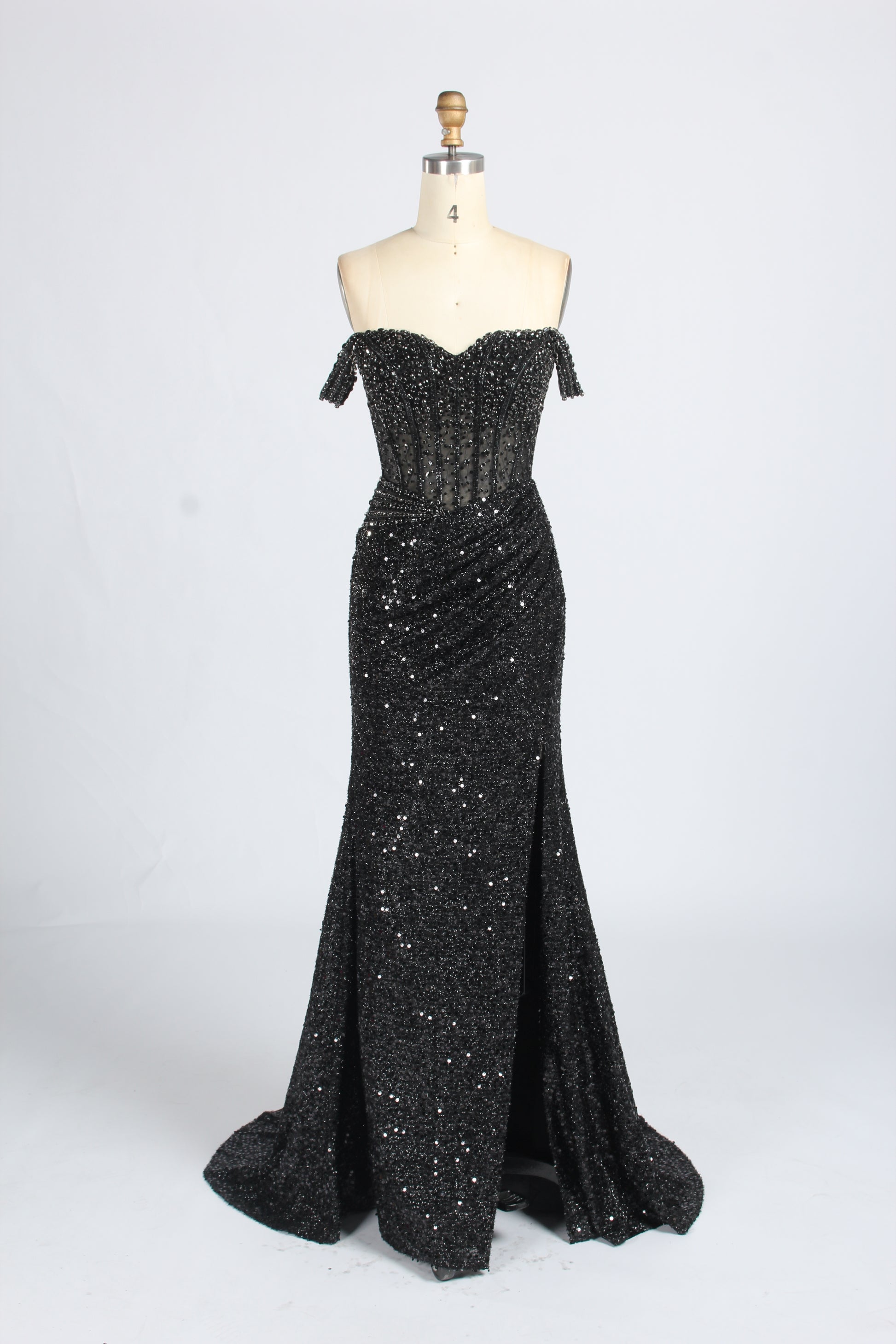 Wholesale Silver Sequin Off - Shoulder Evening Gown with Crystal Bodice 33322