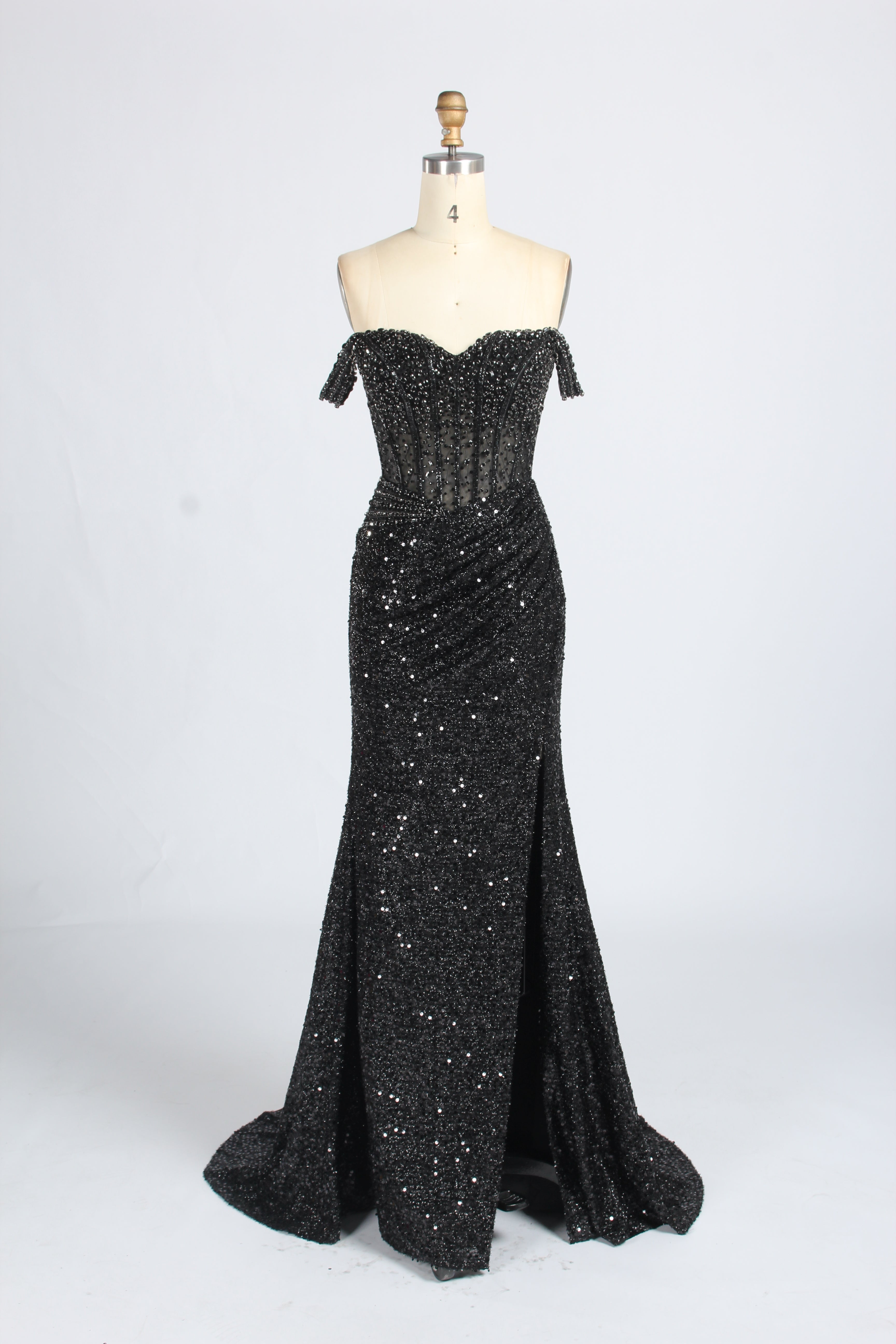 Wholesale Silver Sequin Off - Shoulder Evening Gown with Crystal Bodice 33322