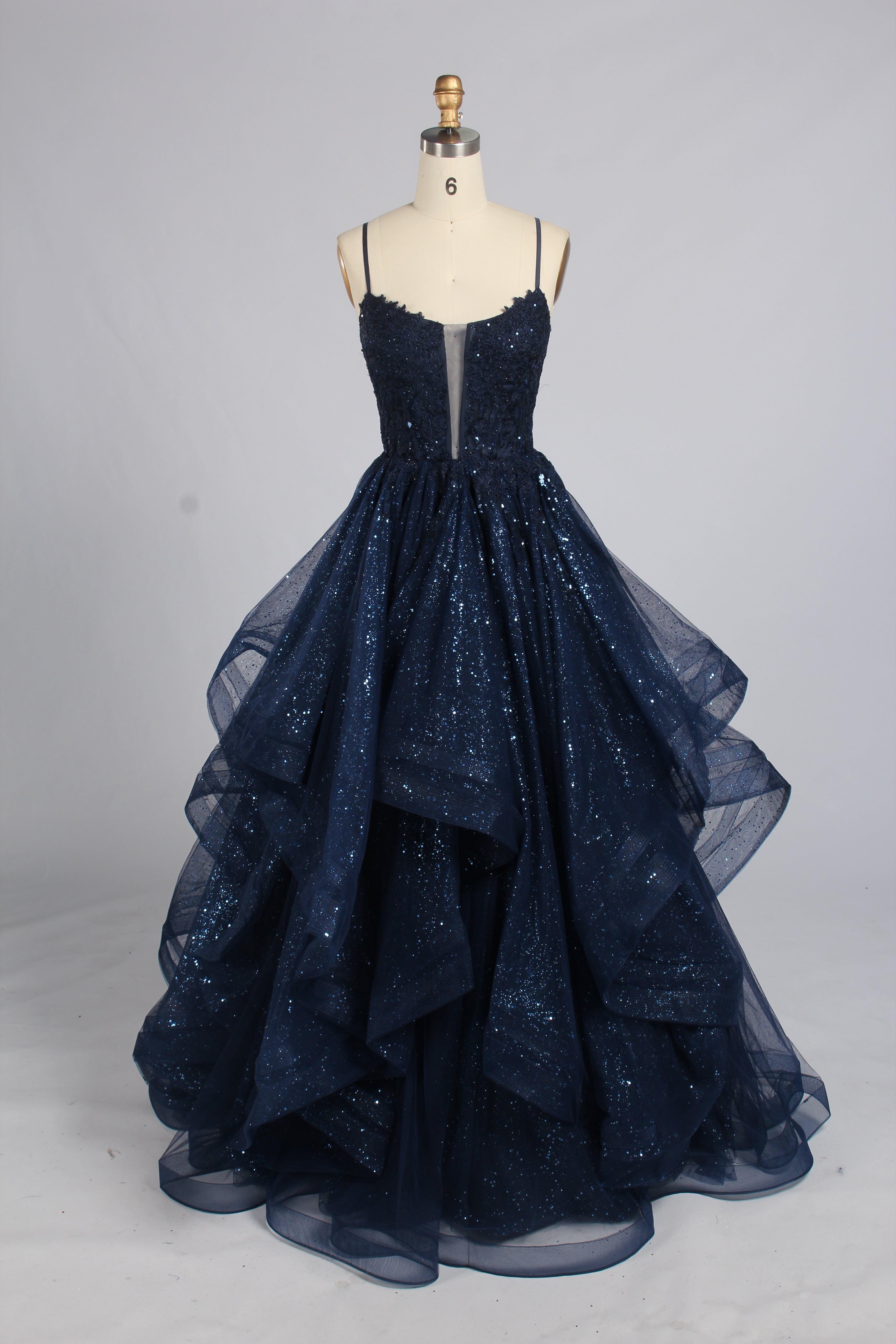 Wholesale Navy Glitter Tulle Tiered Lace Prom Dress 33518