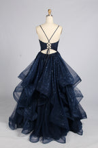 Wholesale Navy Glitter Tulle Tiered Lace Prom Dress 33518