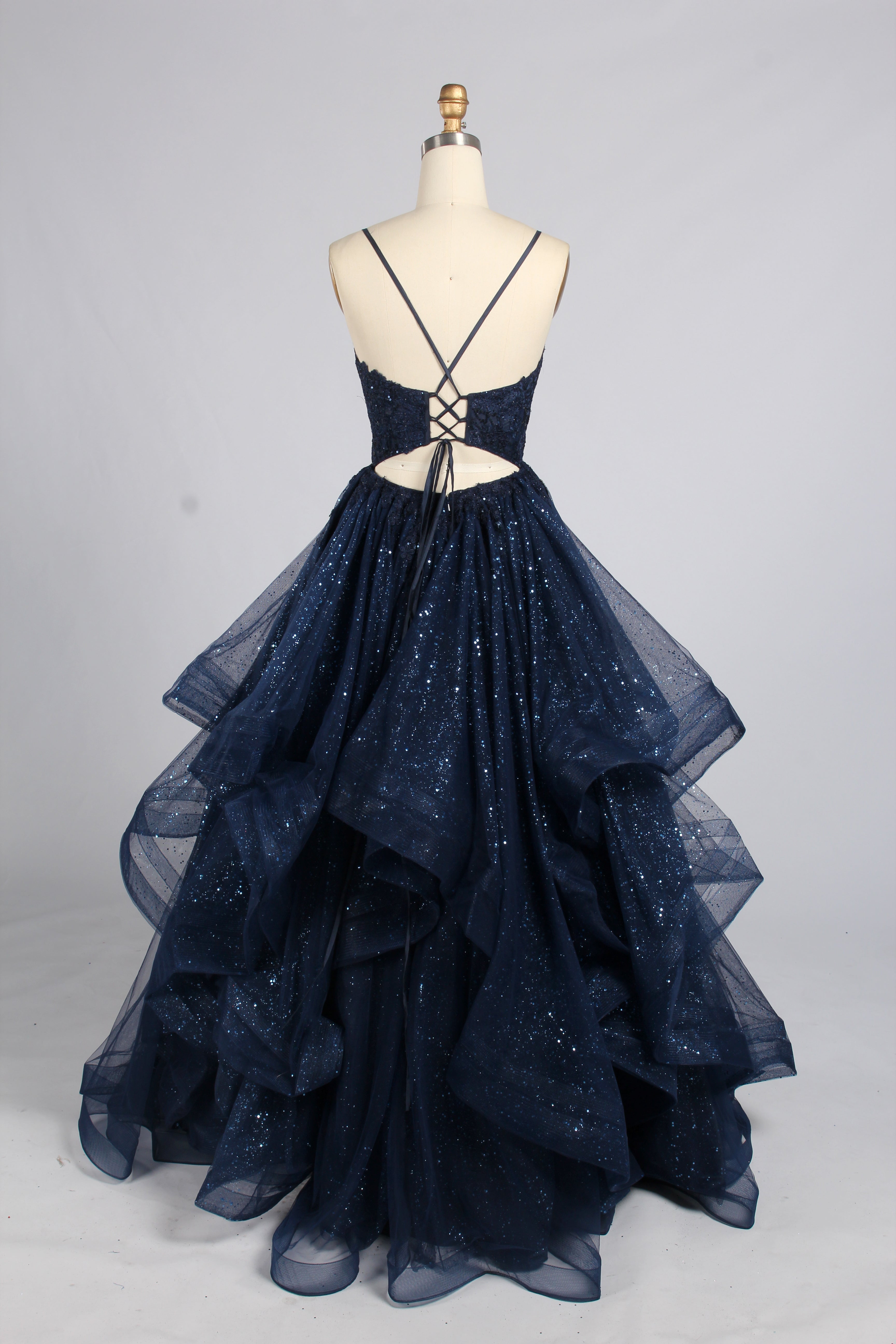 Wholesale Navy Glitter Tulle Tiered Lace Prom Dress 33518
