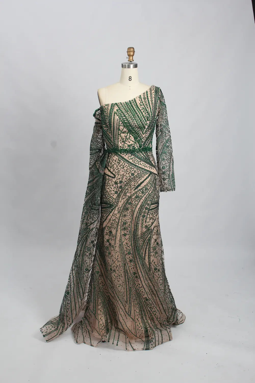One-Shoulder Embellished Mermaid Mother of the Bride Dress with Long Sleeve MK099