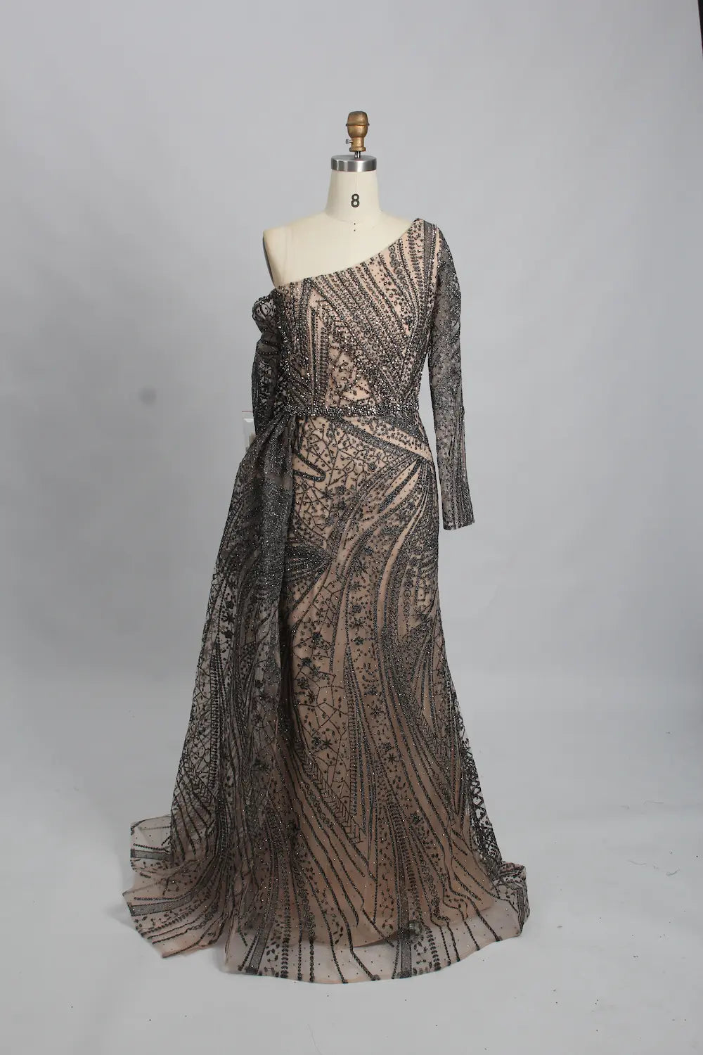 One-Shoulder Embellished Mermaid Mother of the Bride Dress with Long Sleeve MK099