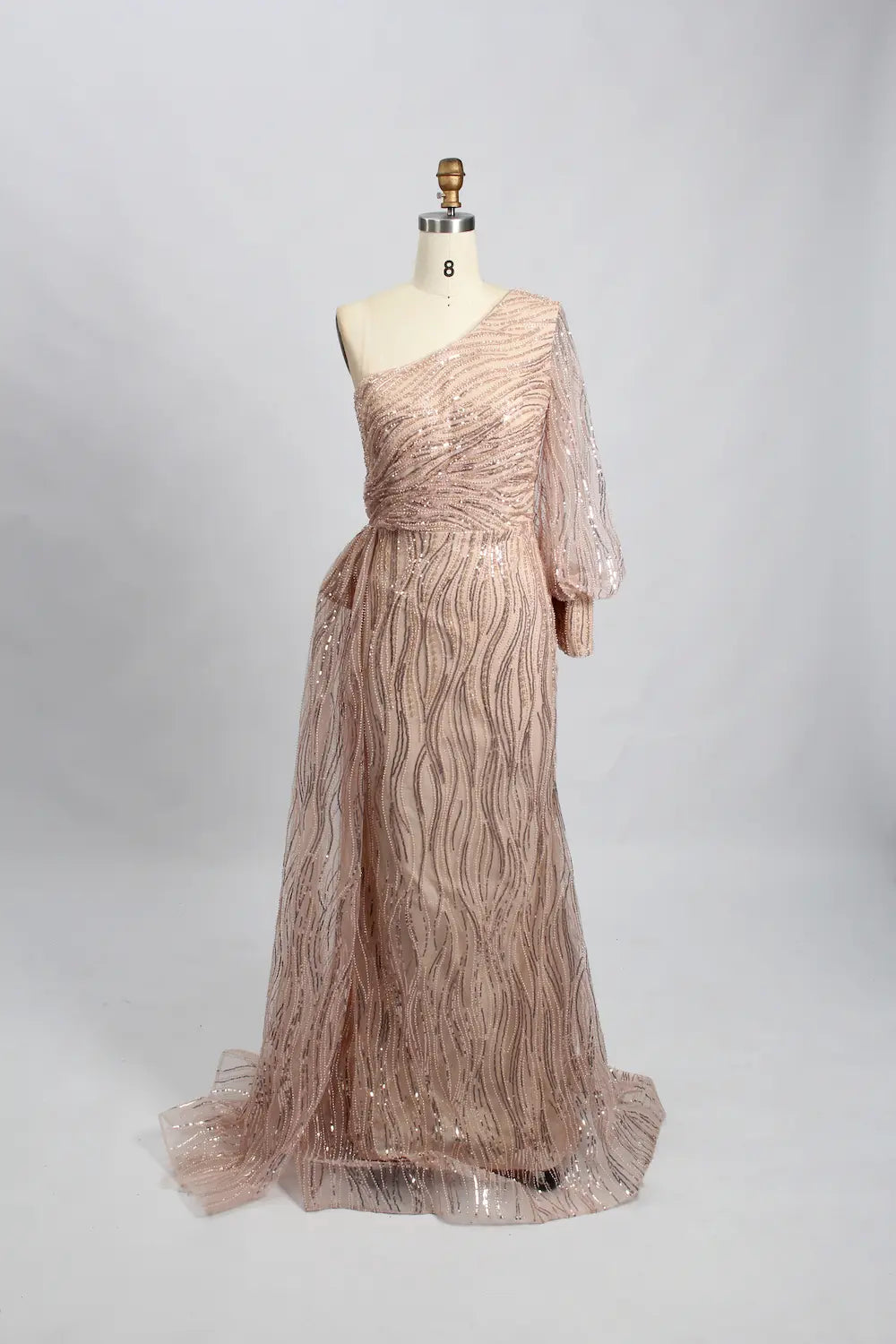 Slate Blue Draped Fit-and-Flare Mother of the Bride Dress with a Draped Sleeve MK100