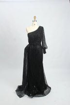 Slate Blue Draped Fit-and-Flare Mother of the Bride Dress with a Draped Sleeve MK100