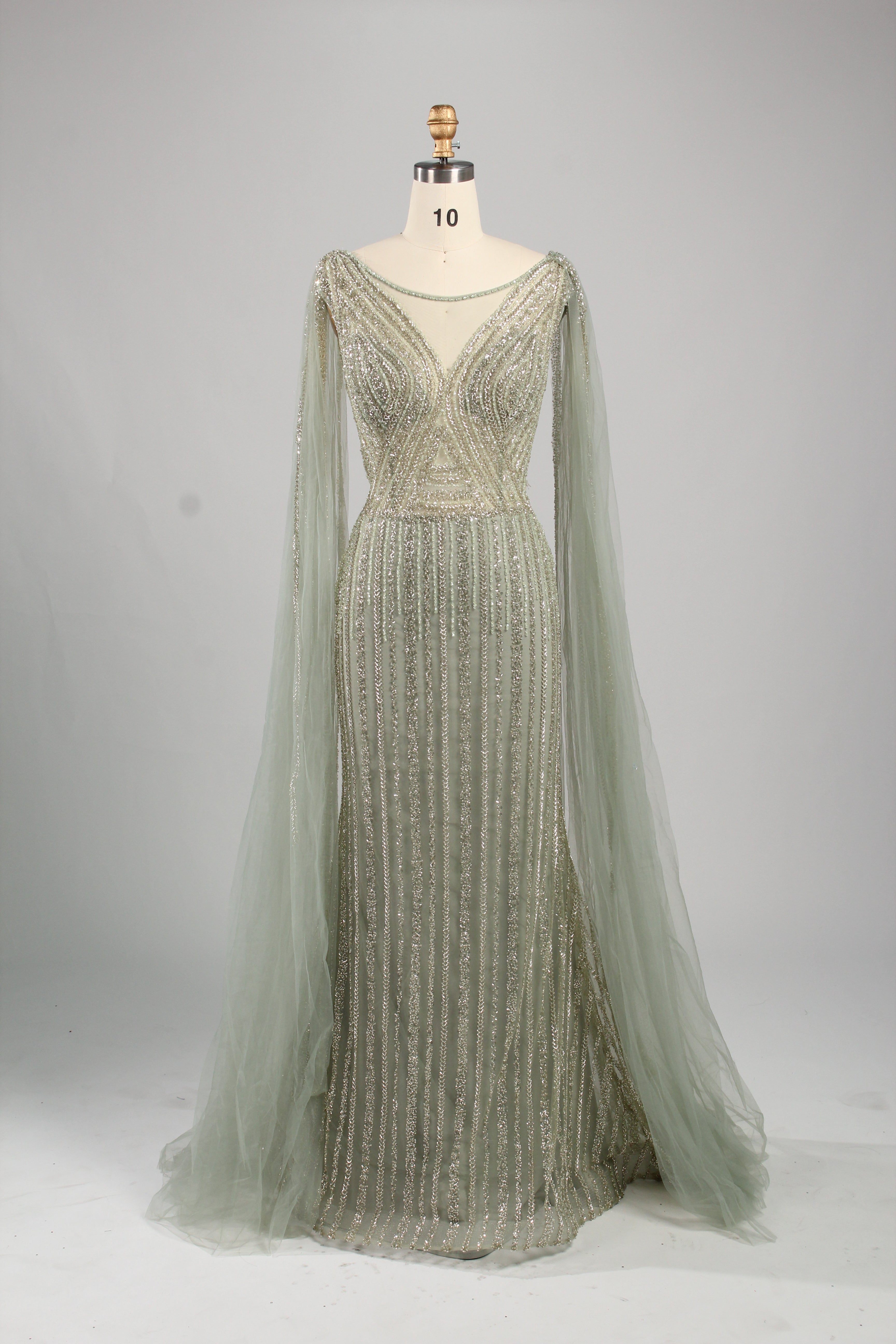 Exquisite Sequin Embellishments Cape Sleeves Mermaid Gown Evening MK133