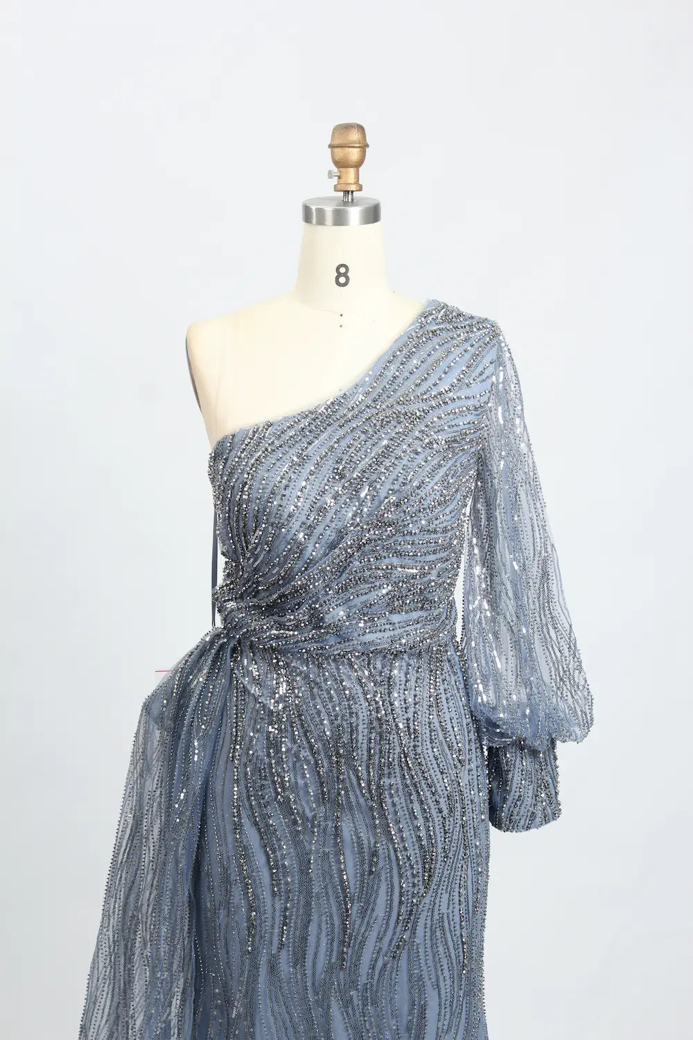 Slate Blue Draped Fit-and-Flare Mother of the Bride Dress with a Draped Sleeve MK100