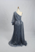 Slate Blue Draped Fit-and-Flare Mother of the Bride Dress with a Draped Sleeve MK100