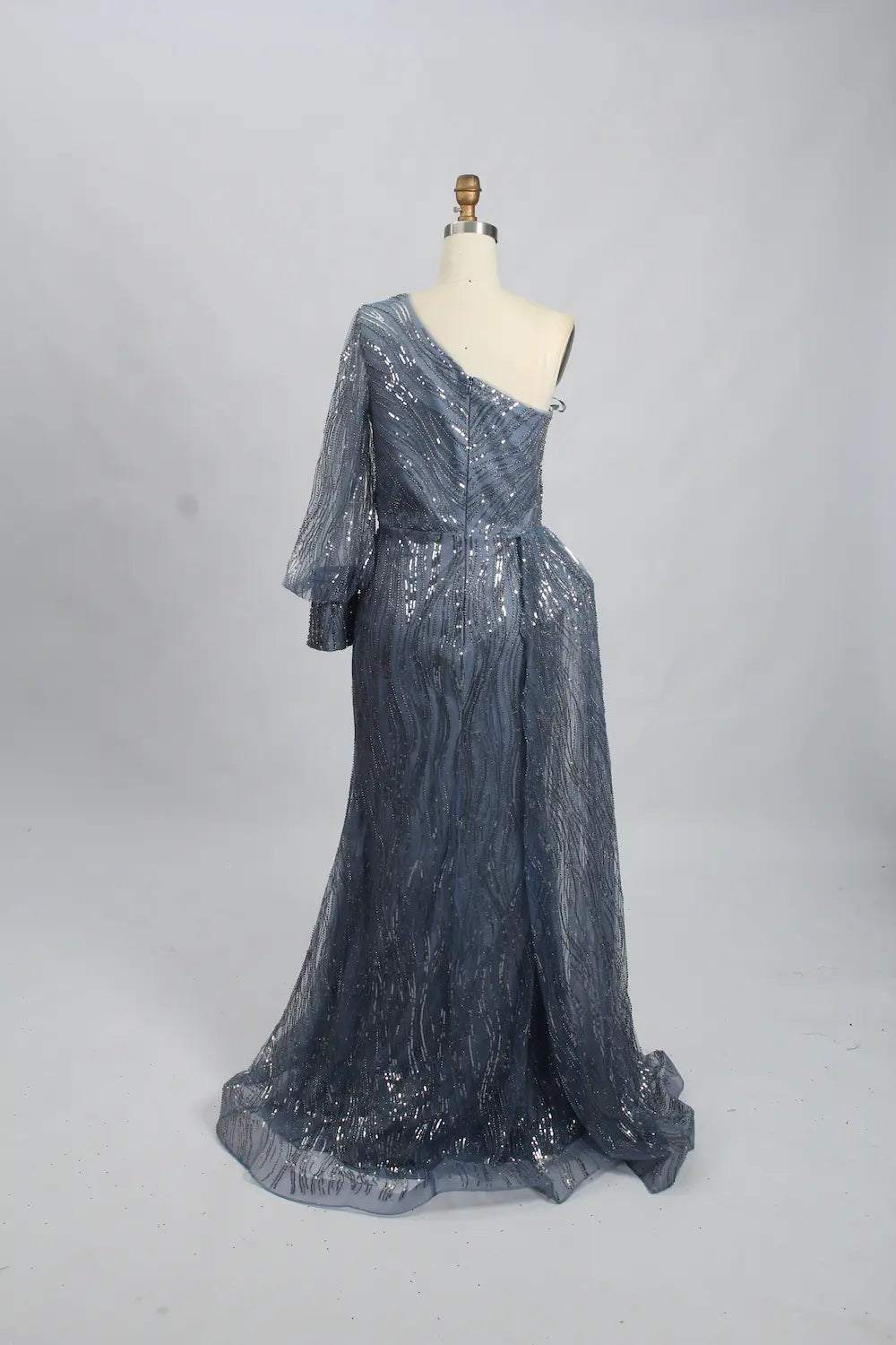 Slate Blue Draped Fit-and-Flare Mother of the Bride Dress with a Draped Sleeve MK100