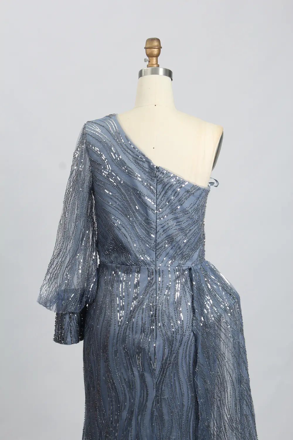 Slate Blue Draped Fit-and-Flare Mother of the Bride Dress with a Draped Sleeve MK100
