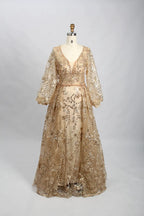 Lace V-Neck A-Line Mother of the Bride Dress with Long Sleeves MK101