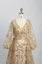Lace V-Neck A-Line Mother of the Bride Dress with Long Sleeves MK101