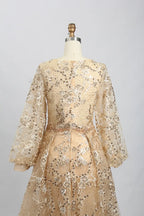 Lace V-Neck A-Line Mother of the Bride Dress with Long Sleeves MK101