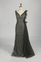 Dark gray beaded V-neck long dress with lace cascade shoulder detail