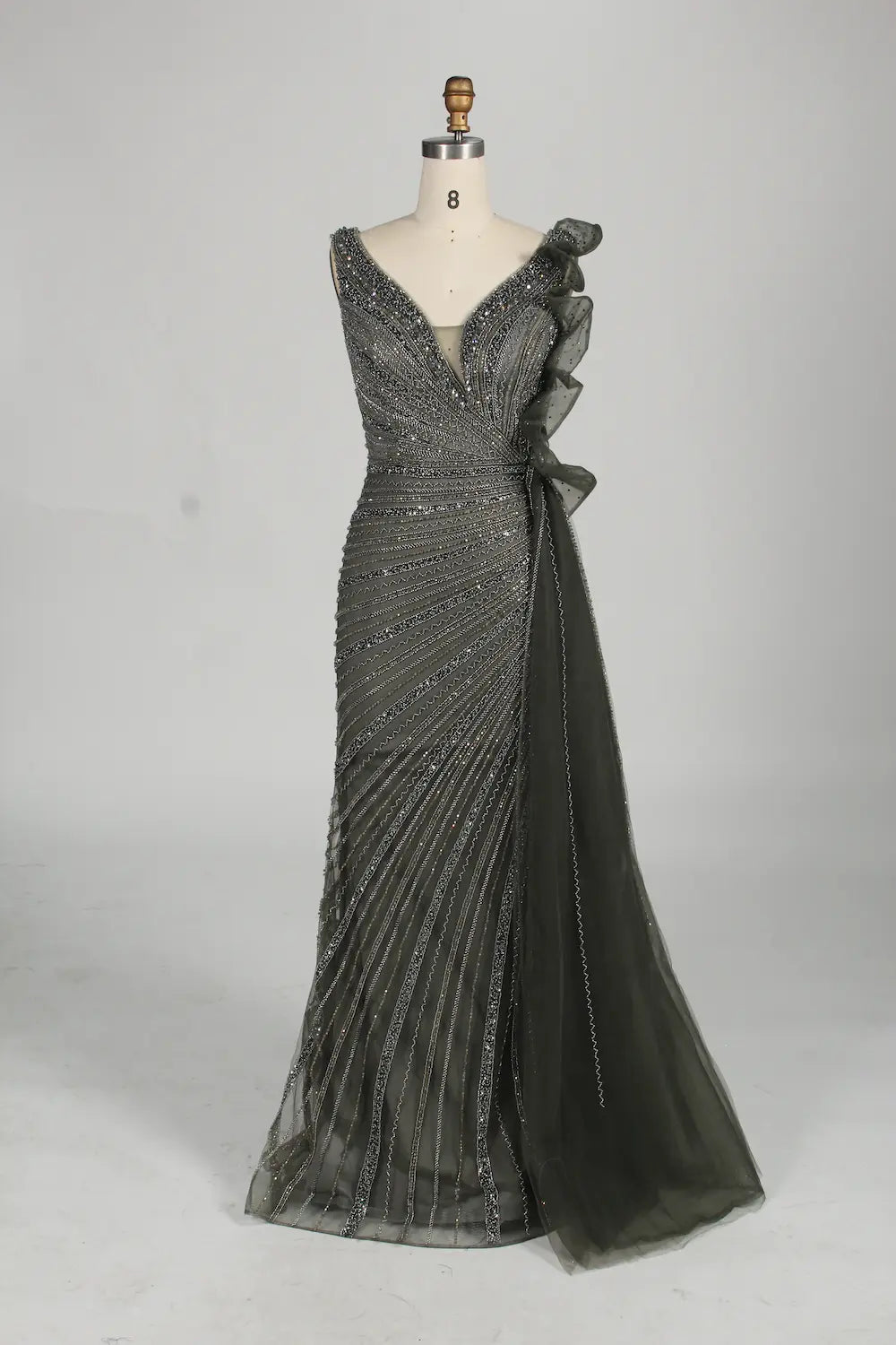 Dark gray beaded V-neck long dress with lace cascade shoulder detail