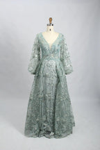Lace V-Neck A-Line Mother of the Bride Dress with Long Sleeves MK101