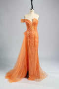 One Shoulder Sequined Orange Evening Dress with Side Train MC120
