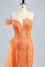 One Shoulder Sequined Orange Evening Dress with Side Train MC120