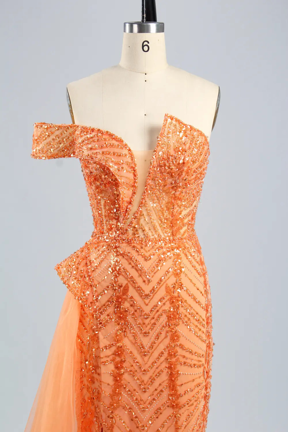 One Shoulder Sequined Orange Evening Dress with Side Train MC120