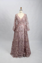 Lace V-Neck A-Line Mother of the Bride Dress with Long Sleeves MK101