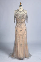 Champagne Beaded Short Fringe Sleeves Mermaid Mother of the Bride Gown MC161