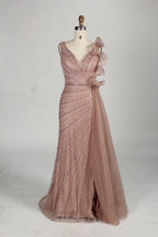 Blush pink beaded V-neck long dress with lace cascade shoulder detail