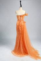 One Shoulder Sequined Orange Evening Dress with Side Train MC120
