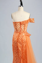 One Shoulder Sequined Orange Evening Dress with Side Train MC120