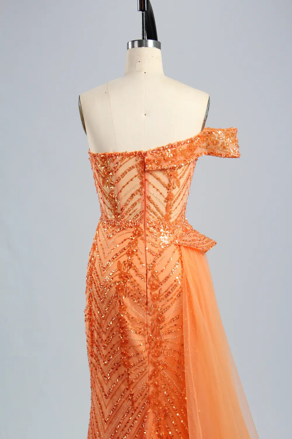 One Shoulder Sequined Orange Evening Dress with Side Train MC120