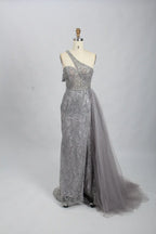 Slate Blue Draped Fit-and-Flare Mother of the Bride Dress with a Draped Sleeve MK100